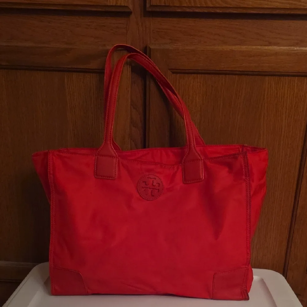 Tory Burch Bright Red Nylon Tote with Leather Trim